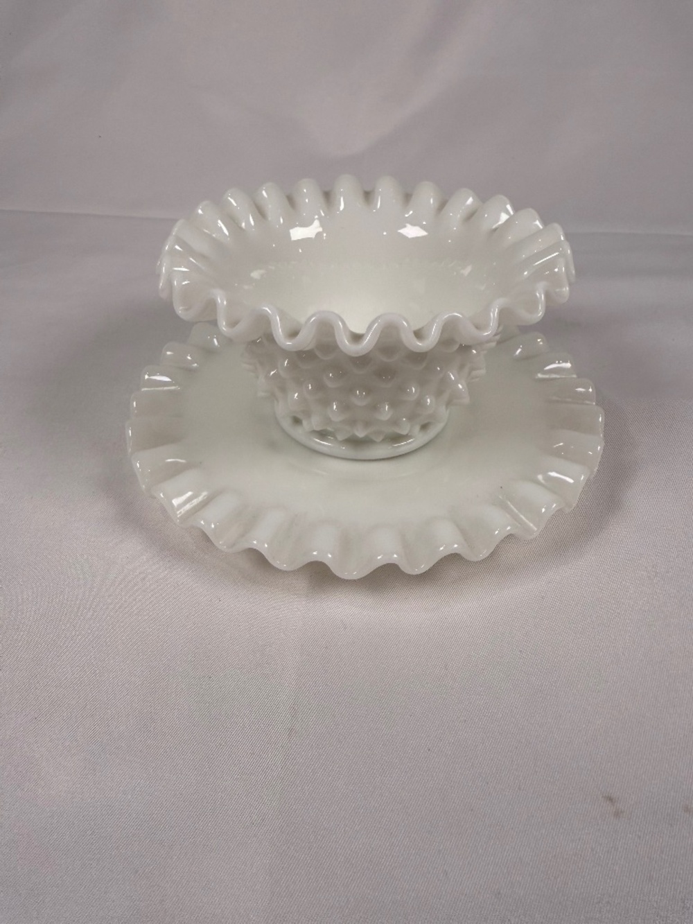Vintage Milk Glass Hobnail Compote with Plate Ruffled Candy Dish Fenton Style